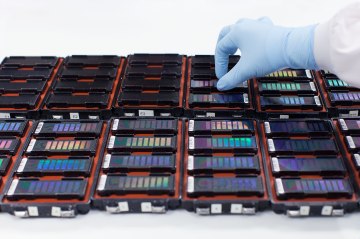 image: 23andMe's custom genotyping array chips are mounted for processing. Each chip probes individual samples for approximately one million genetic variants (or single-nucleotide polymorphisms - SNPs).