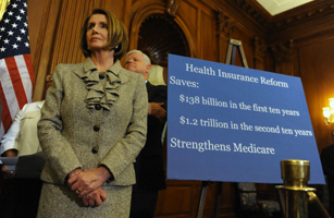 Speaker of the House Nancy Pelosi with Democratic leadership at a news conference on health insurance reform