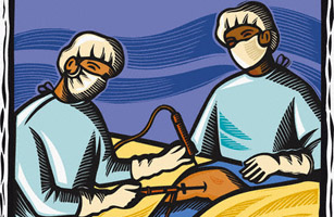 a surgeon and nurse performing knee surgery